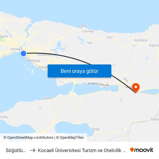 Söğütlüçeşme to Kocaeli Üniversitesi Turizm ve Otelcilik Meslek Yüksekokulu map