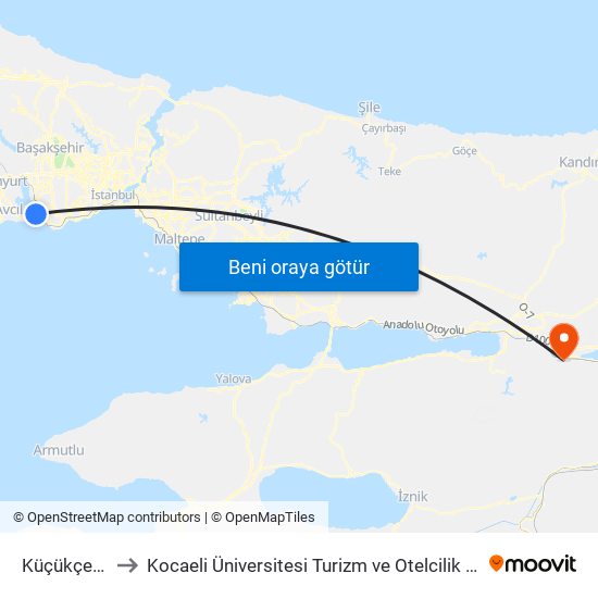 Küçükçekmece to Kocaeli Üniversitesi Turizm ve Otelcilik Meslek Yüksekokulu map