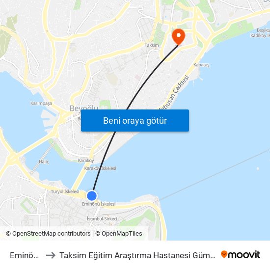 Eminönü - 2 to Taksim Eğitim Araştırma Hastanesi Gümüşsuyu Kampüsü map