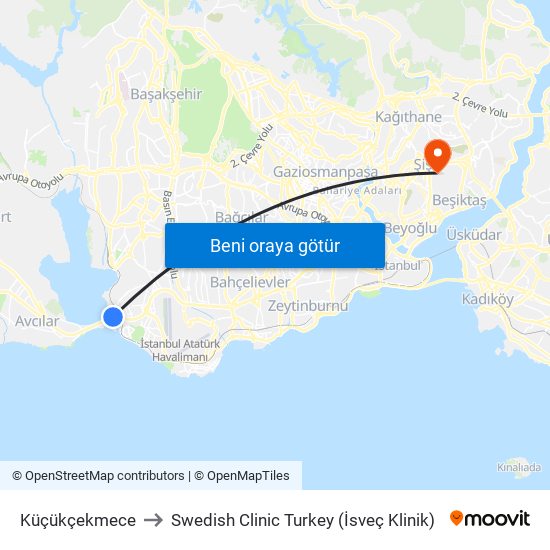 Küçükçekmece to Swedish Clinic Turkey (İsveç Klinik) map