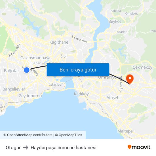 Otogar to Haydarpaşa numune hastanesi map
