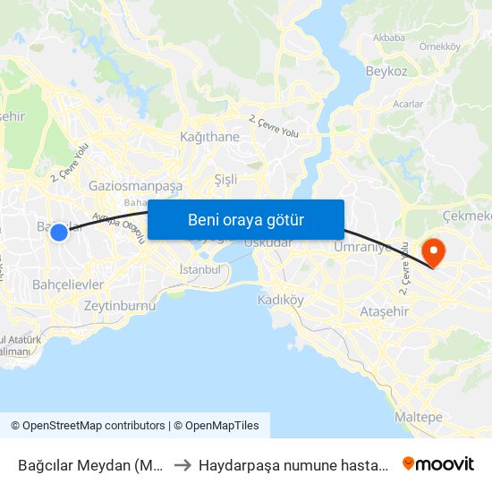 Bağcılar Meydan (M1b) to Haydarpaşa numune hastanesi map