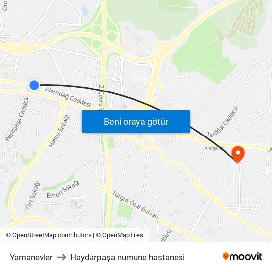 Yamanevler to Haydarpaşa numune hastanesi map