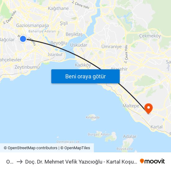 Otogar to Doç. Dr. Mehmet Vefik Yazıcıoğlu - Kartal Koşuyolu Egitim Araştırma Hast. Kardiyoloji Eğitim Görevl map