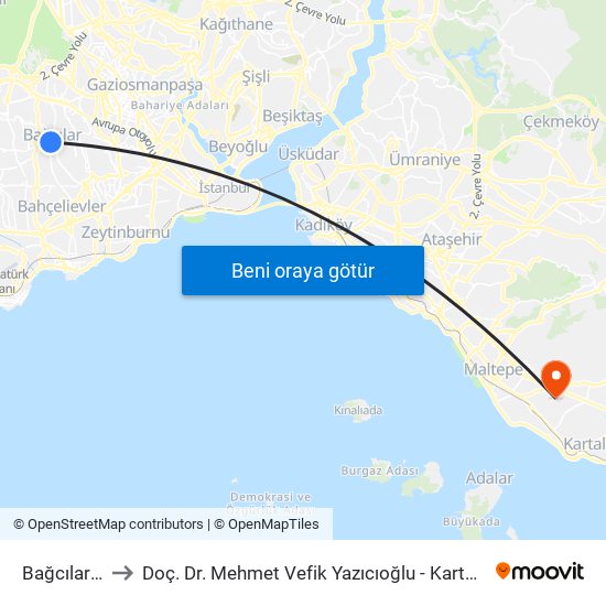 Bağcılar Meydan (M1b) to Doç. Dr. Mehmet Vefik Yazıcıoğlu - Kartal Koşuyolu Egitim Araştırma Hast. Kardiyoloji Eğitim Görevl map