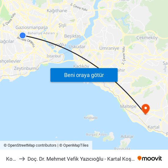 Kocatepe to Doç. Dr. Mehmet Vefik Yazıcıoğlu - Kartal Koşuyolu Egitim Araştırma Hast. Kardiyoloji Eğitim Görevl map