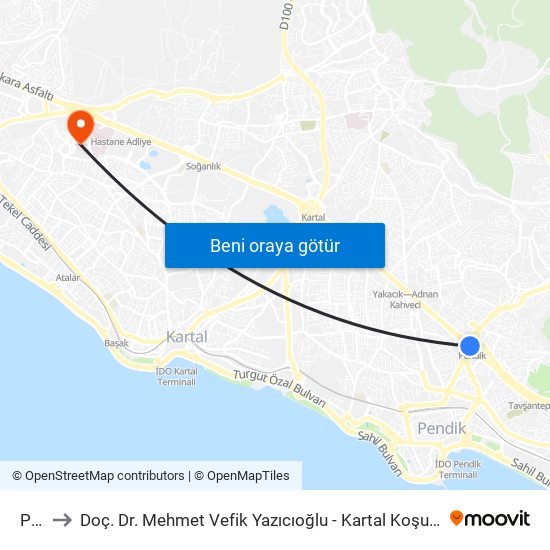 Pendik to Doç. Dr. Mehmet Vefik Yazıcıoğlu - Kartal Koşuyolu Egitim Araştırma Hast. Kardiyoloji Eğitim Görevl map