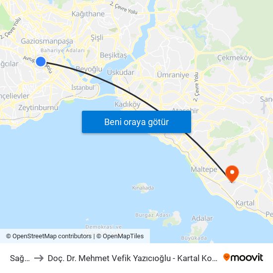 Sağmalcılar to Doç. Dr. Mehmet Vefik Yazıcıoğlu - Kartal Koşuyolu Egitim Araştırma Hast. Kardiyoloji Eğitim Görevl map