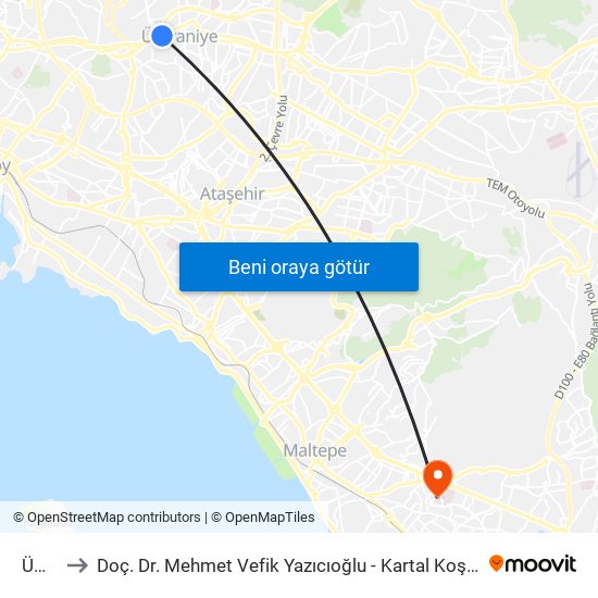 Ümraniye to Doç. Dr. Mehmet Vefik Yazıcıoğlu - Kartal Koşuyolu Egitim Araştırma Hast. Kardiyoloji Eğitim Görevl map