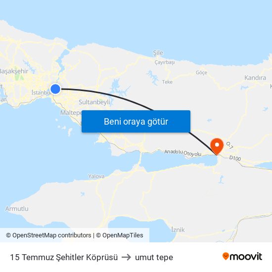 15 Temmuz Şehitler Köprüsü to umut tepe map