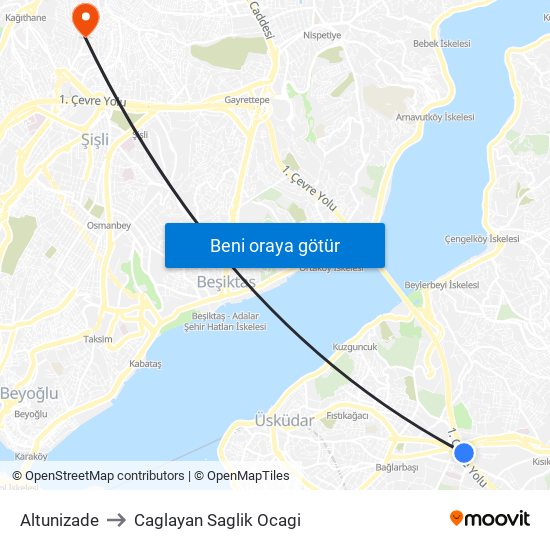 Altunizade to Caglayan Saglik Ocagi map