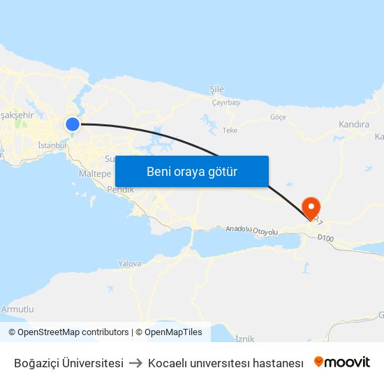 Boğaziçi Üniversitesi to Kocaelı unıversıtesı hastanesı map