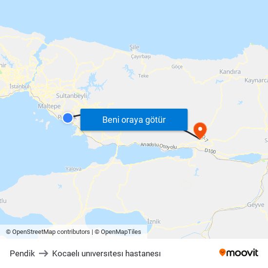 Pendik to Kocaelı unıversıtesı hastanesı map