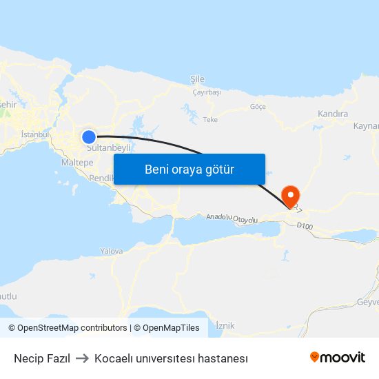 Necip Fazıl to Kocaelı unıversıtesı hastanesı map