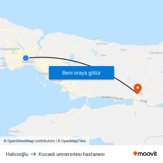 Halıcıoğlu to Kocaelı unıversıtesı hastanesı map