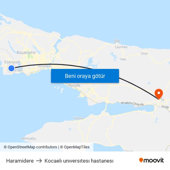 Haramidere to Kocaelı unıversıtesı hastanesı map