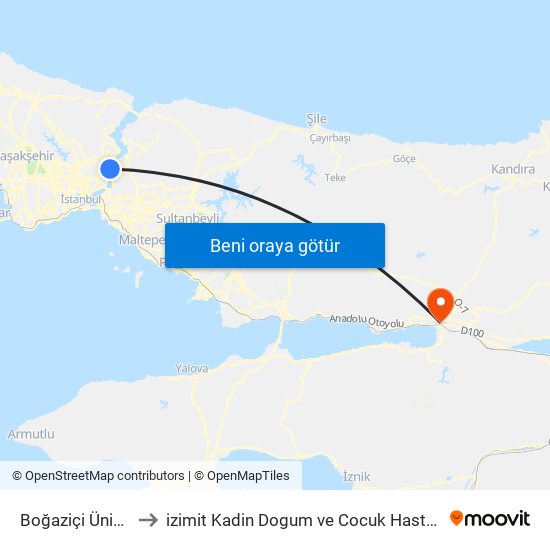 Boğaziçi Üniversitesi to izimit Kadin Dogum ve Cocuk Hastaliklari Hastanesi map