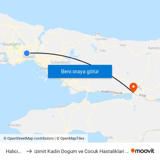 Halıcıoğlu to izimit Kadin Dogum ve Cocuk Hastaliklari Hastanesi map