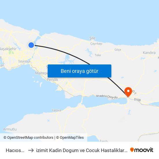 Hacıosman to izimit Kadin Dogum ve Cocuk Hastaliklari Hastanesi map