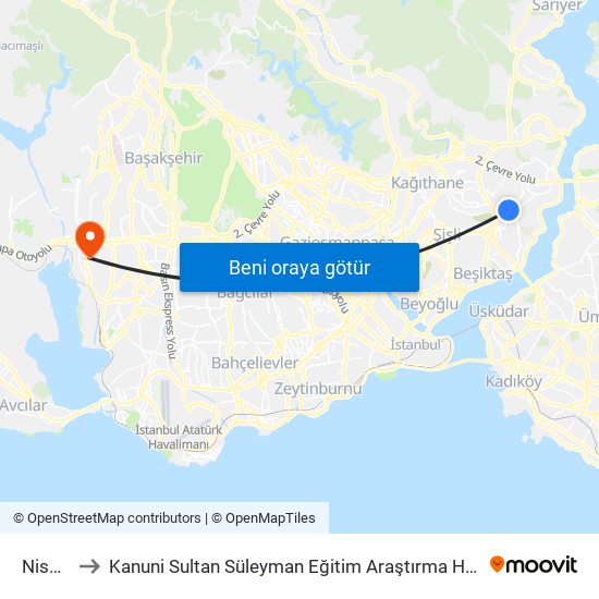 Nispetiye to Kanuni  Sultan Süleyman Eğitim Araştırma Hastanesi Kemoterapi Ünitesi map