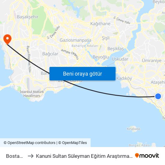 Bostancı (M4) to Kanuni  Sultan Süleyman Eğitim Araştırma Hastanesi Kemoterapi Ünitesi map