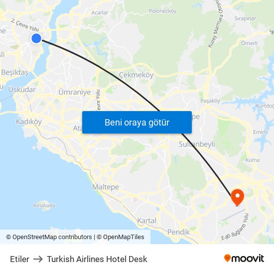 Etiler to Turkish Airlines Hotel Desk map