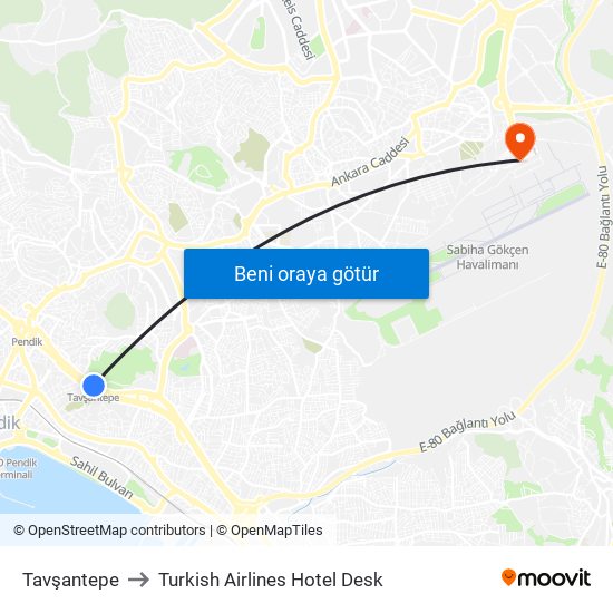 Tavşantepe to Turkish Airlines Hotel Desk map