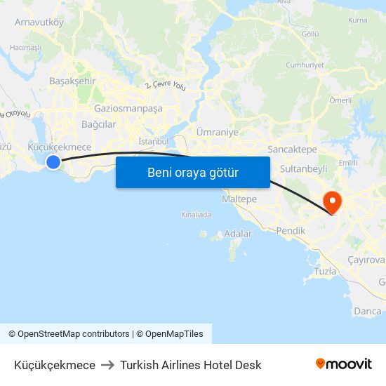 Küçükçekmece to Turkish Airlines Hotel Desk map