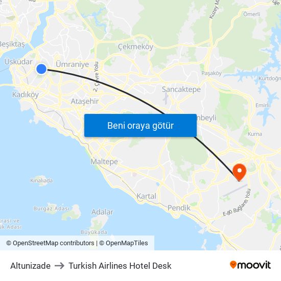 Altunizade to Turkish Airlines Hotel Desk map