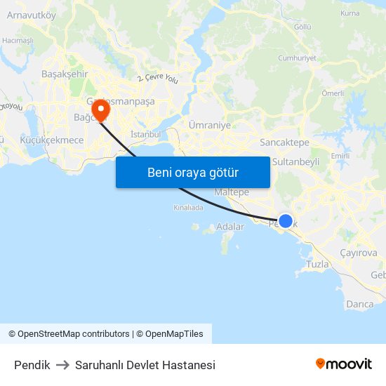 Pendik to Saruhanlı Devlet Hastanesi map