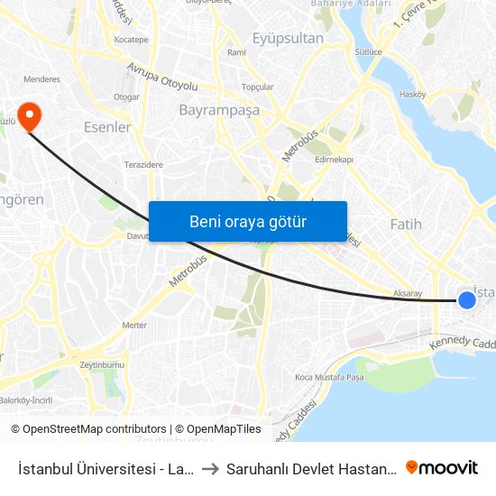 İstanbul Üniversitesi - Laleli to Saruhanlı Devlet Hastanesi map