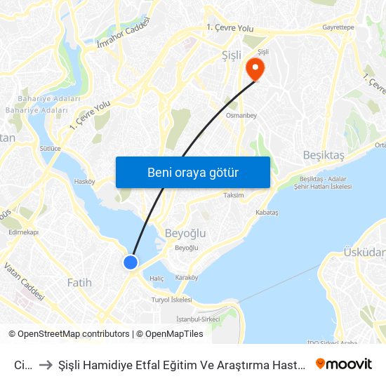 Cibali to Şişli Hamidiye Etfal Eğitim Ve Araştırma Hastanesi Erişkin Yoğun Bakim map