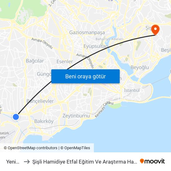 Yenibosna to Şişli Hamidiye Etfal Eğitim Ve Araştırma Hastanesi Erişkin Yoğun Bakim map