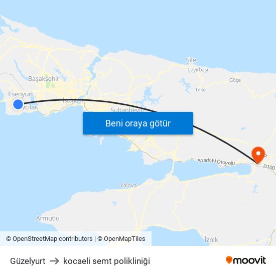 Güzelyurt to kocaeli semt polikliniği map