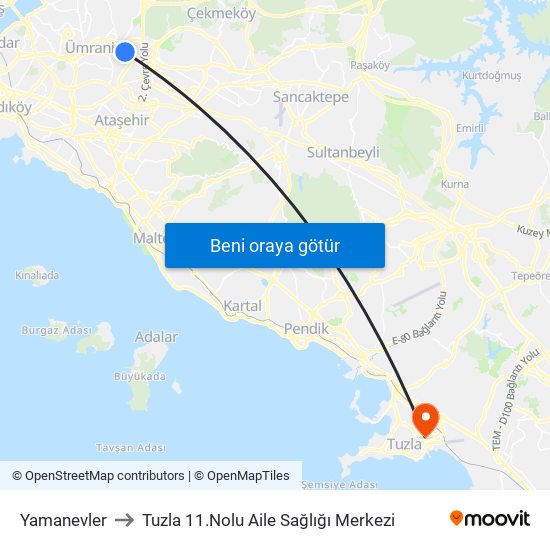 Yamanevler to Tuzla 11.Nolu Aile Sağlığı Merkezi map