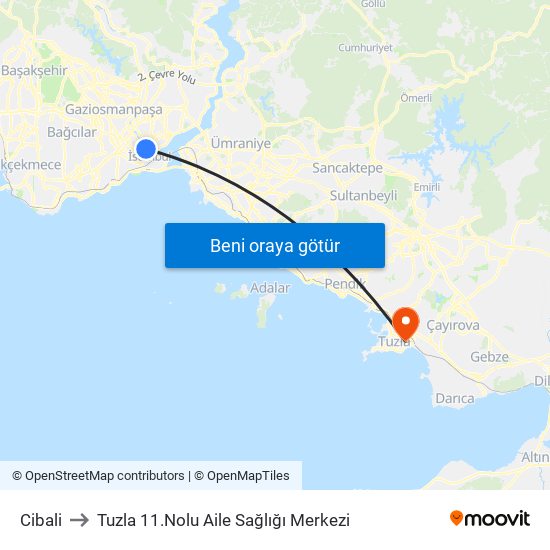 Cibali to Tuzla 11.Nolu Aile Sağlığı Merkezi map