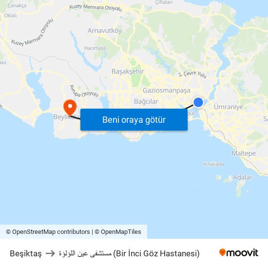Beşiktaş to مستشفى عين اللؤلؤة (Bir İnci Göz Hastanesi) map