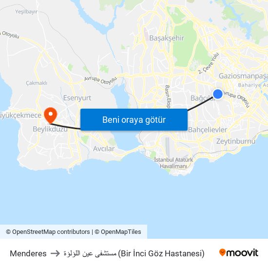 Menderes to مستشفى عين اللؤلؤة (Bir İnci Göz Hastanesi) map