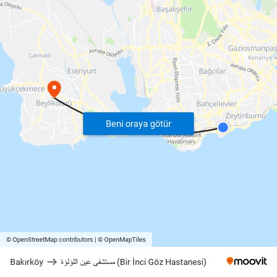 Bakırköy to مستشفى عين اللؤلؤة (Bir İnci Göz Hastanesi) map