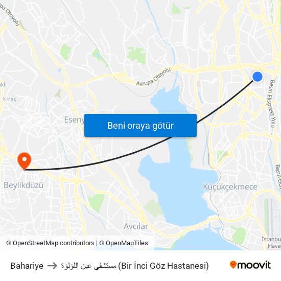 Bahariye to مستشفى عين اللؤلؤة (Bir İnci Göz Hastanesi) map