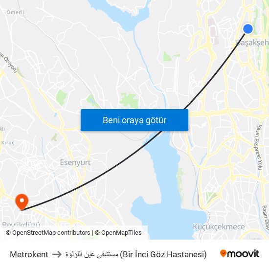 Metrokent to مستشفى عين اللؤلؤة (Bir İnci Göz Hastanesi) map