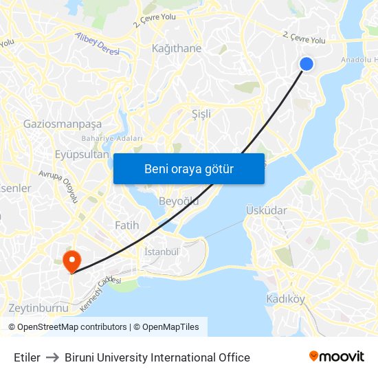 Etiler to Biruni University International Office map