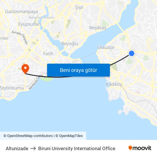 Altunizade to Biruni University International Office map