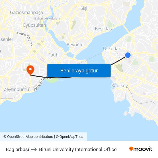 Bağlarbaşı to Biruni University International Office map