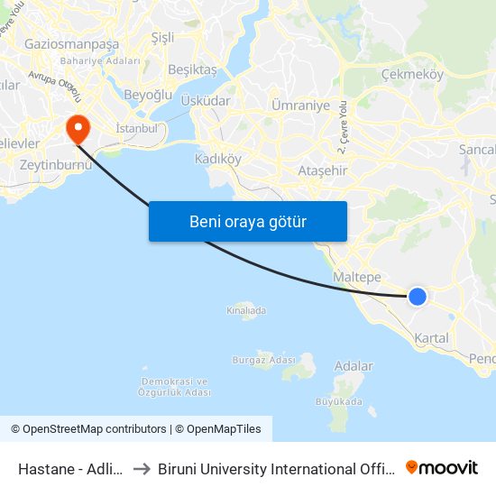 Hastane - Adliye to Biruni University International Office map