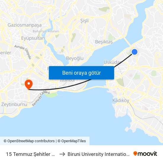 15 Temmuz Şehitler Köprüsü to Biruni University International Office map