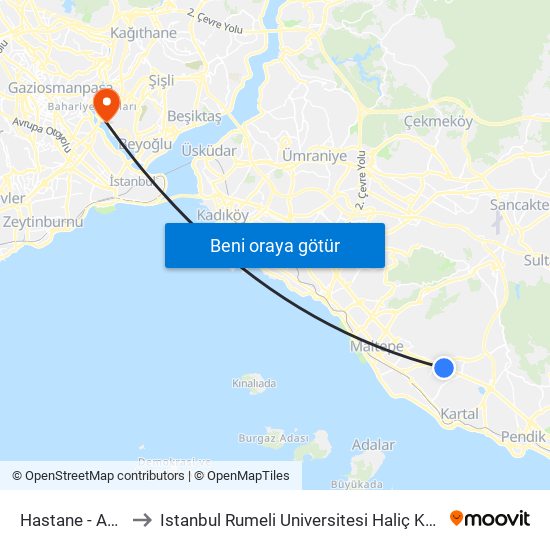 Hastane - Adliye to Istanbul Rumeli Universitesi Haliç Kampusu map