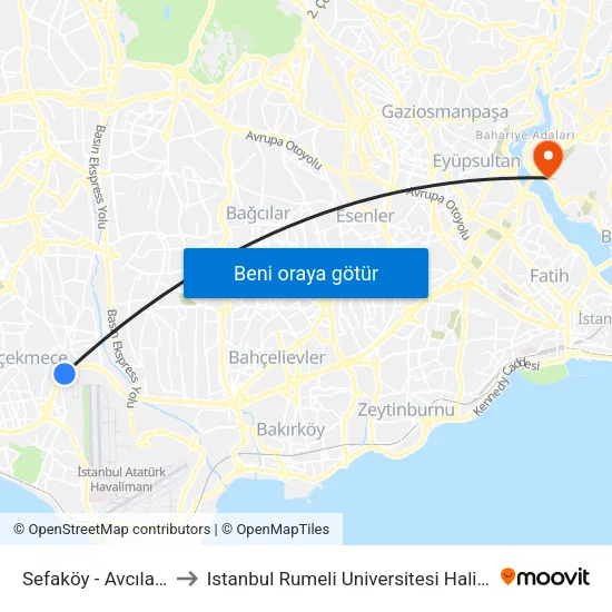 Sefaköy - Avcılar Yönü to Istanbul Rumeli Universitesi Haliç Kampusu map