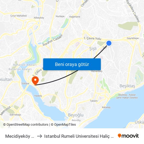 Mecidiyeköy (M7) to Istanbul Rumeli Universitesi Haliç Kampusu map