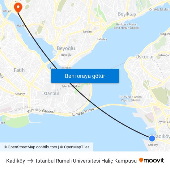 Kadıköy to Istanbul Rumeli Universitesi Haliç Kampusu map
